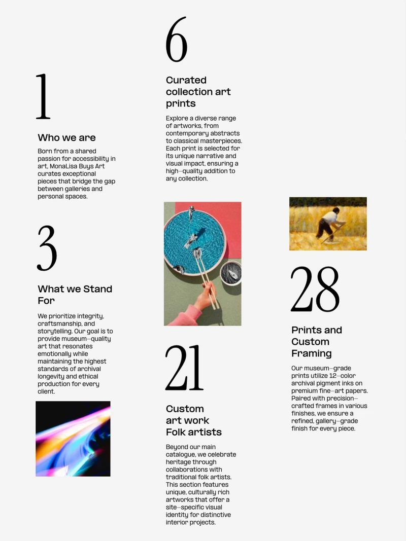 Catalogue contents page listing brand introduction, values, curated prints, custom artwork and prints and framing.