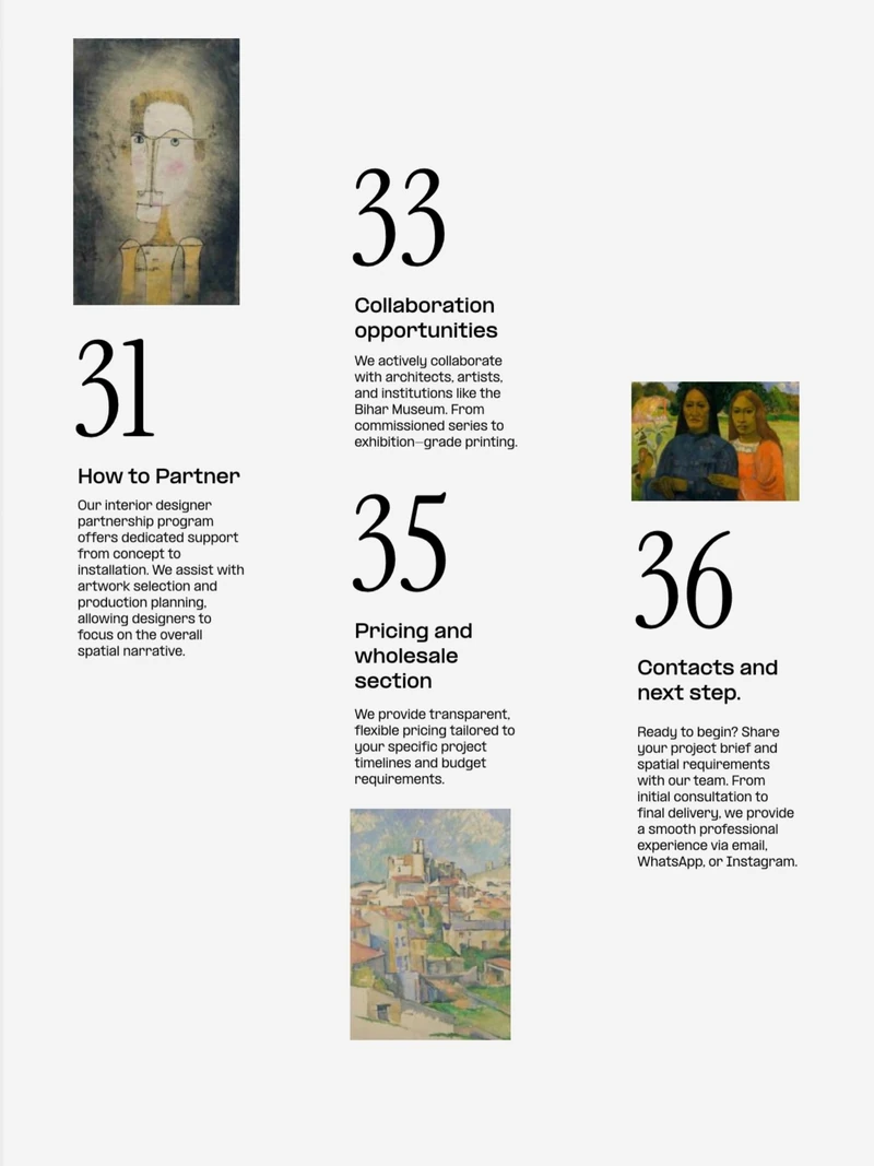 Second catalogue contents page listing collaboration, partnership, pricing and next steps.