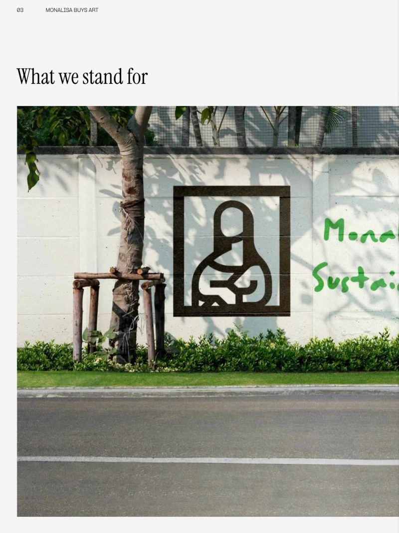 Catalogue page titled What we stand for, built around a full-width photograph of a Monalisa Buys Art graphic in an outdoor setting.