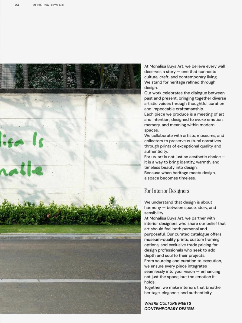 Catalogue brand page combining the outdoor photograph with positioning copy and a section addressed to interior designers.