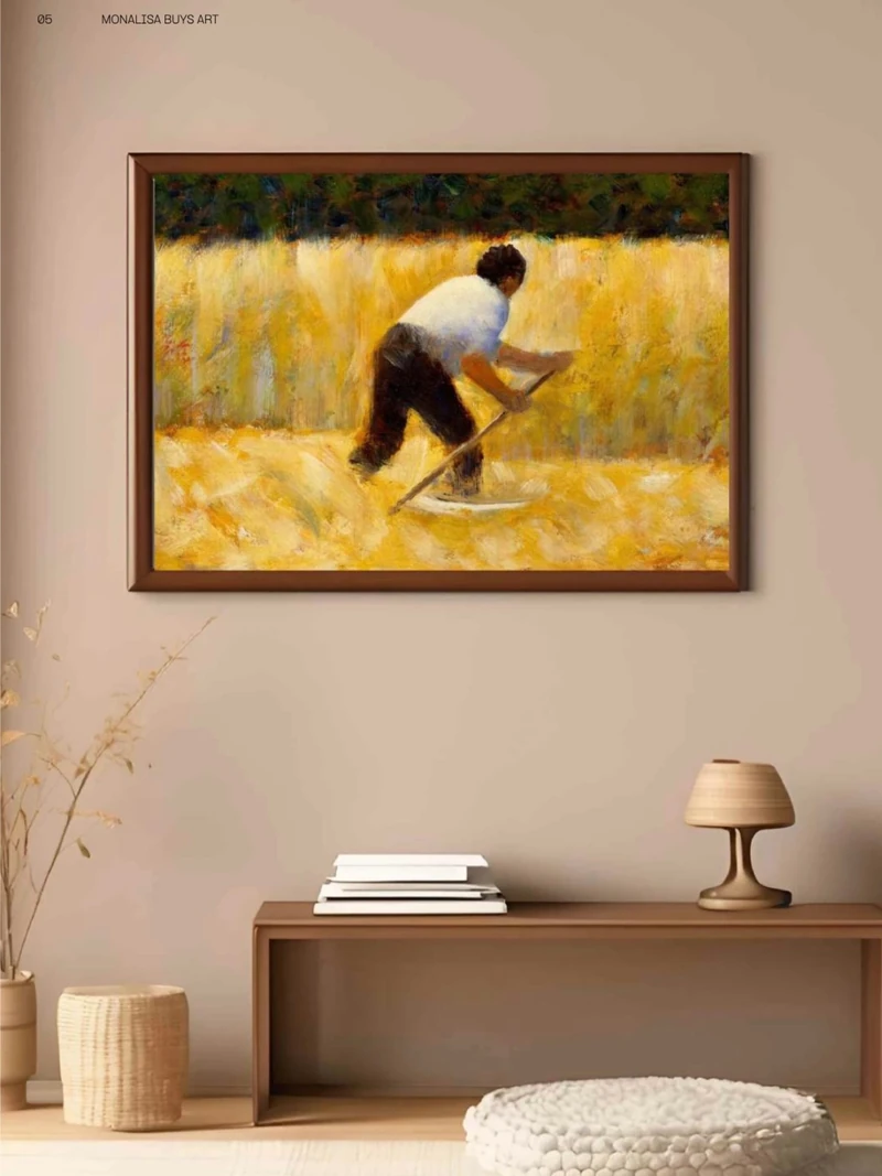 Full-page room mockup showing a framed artwork above a low console in a warm neutral interior.