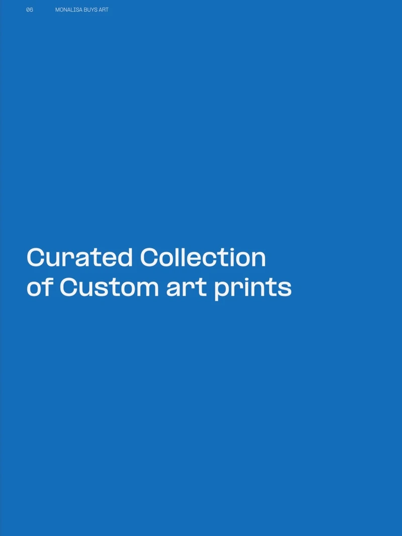 Blue catalogue divider introducing the curated collection of custom art prints.