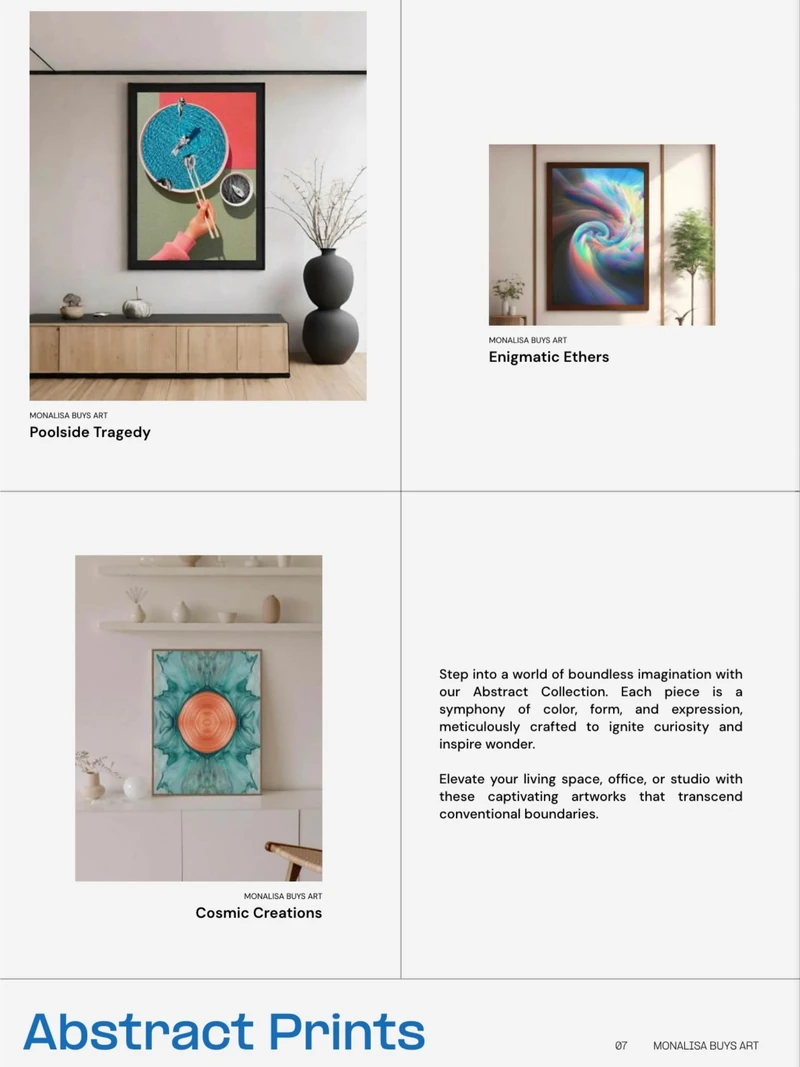 Catalogue category grid titled Abstract Prints, combining artwork thumbnails, room mockups and introductory copy.