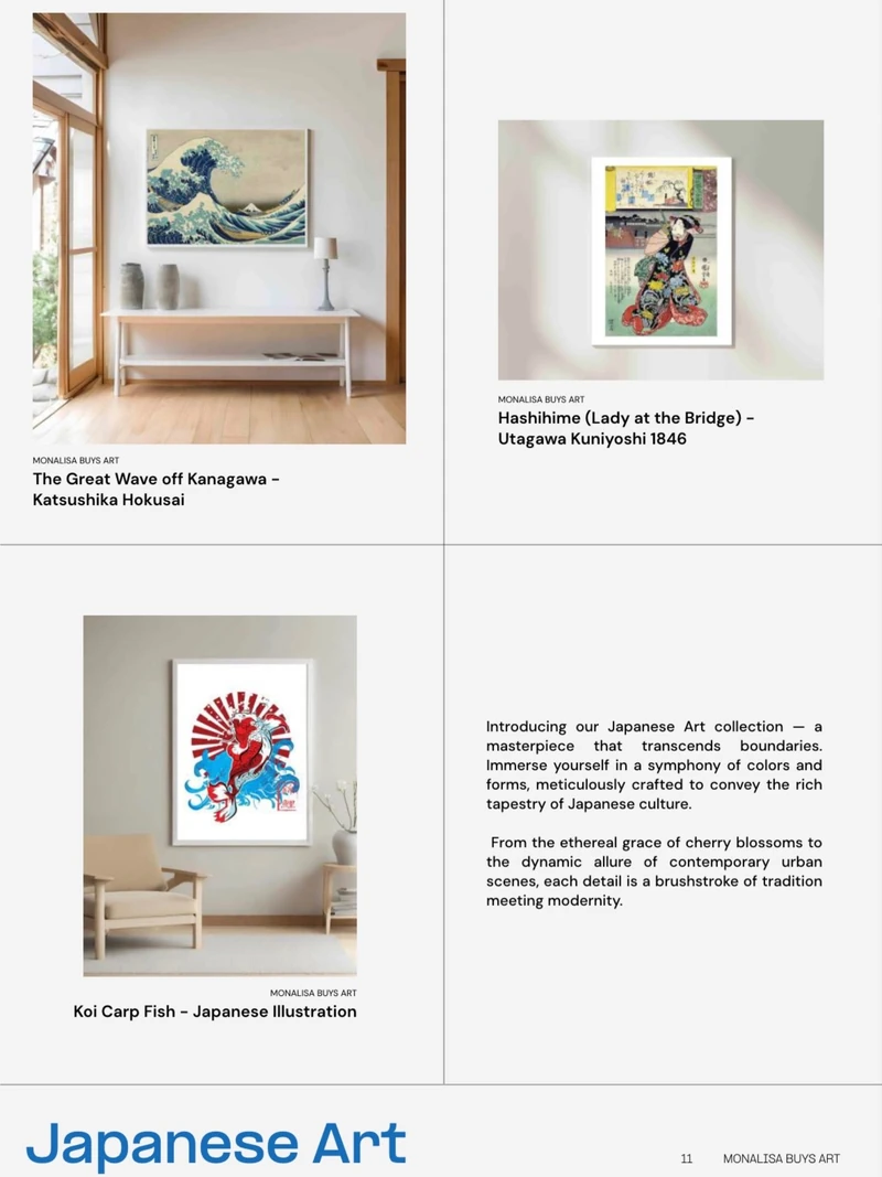 Catalogue category grid titled Japanese Art, combining artwork thumbnails, room mockups and introductory copy.