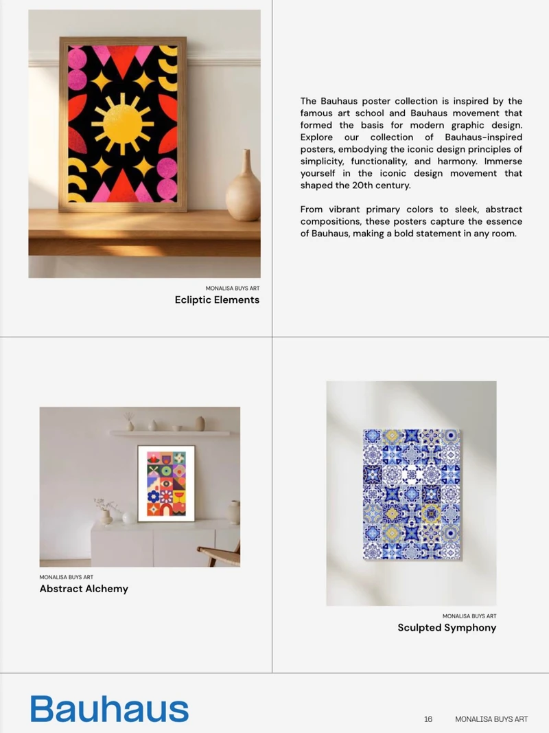 Catalogue page titled Bauhaus, pairing artwork examples and room mockups with a short category introduction.