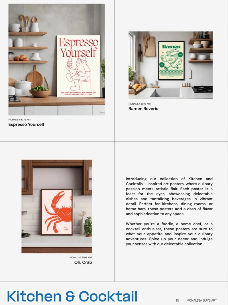 Catalogue category grid titled Kitchen and Cocktail, showing three framed print examples in kitchen settings.