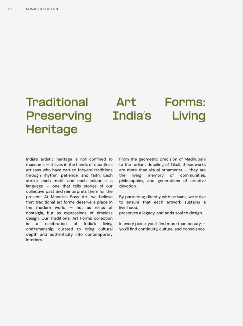 Catalogue essay page titled Traditional Art: Preserving India’s Living Forms and Heritage.