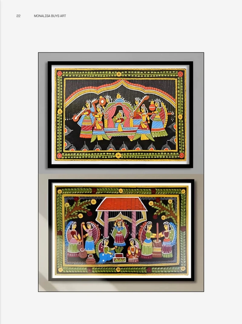 Catalogue page showing two framed traditional artworks presented as a paired product study.