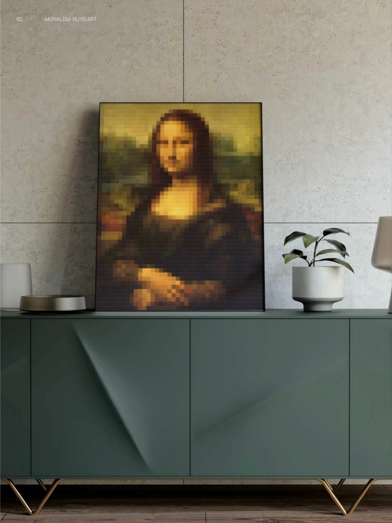 Full-page room mockup showing a pixelated portrait artwork above a dark green cabinet.