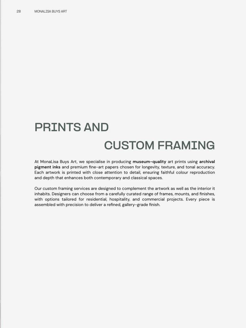 Catalogue section page introducing prints and custom framing.