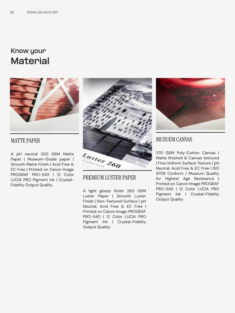 Catalogue reference page titled Know your Material, comparing matte paper, premium lustre paper and museum canvas.