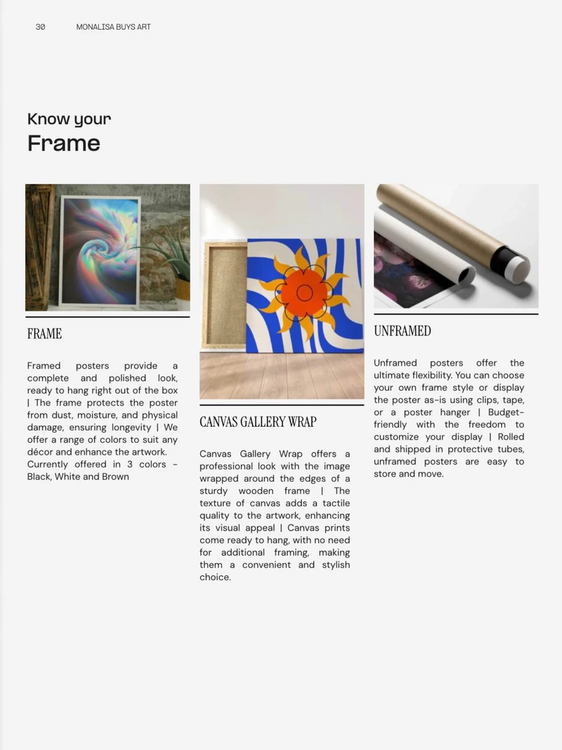 Catalogue reference page titled Know your Frame, comparing framed, canvas gallery wrap and unframed formats.