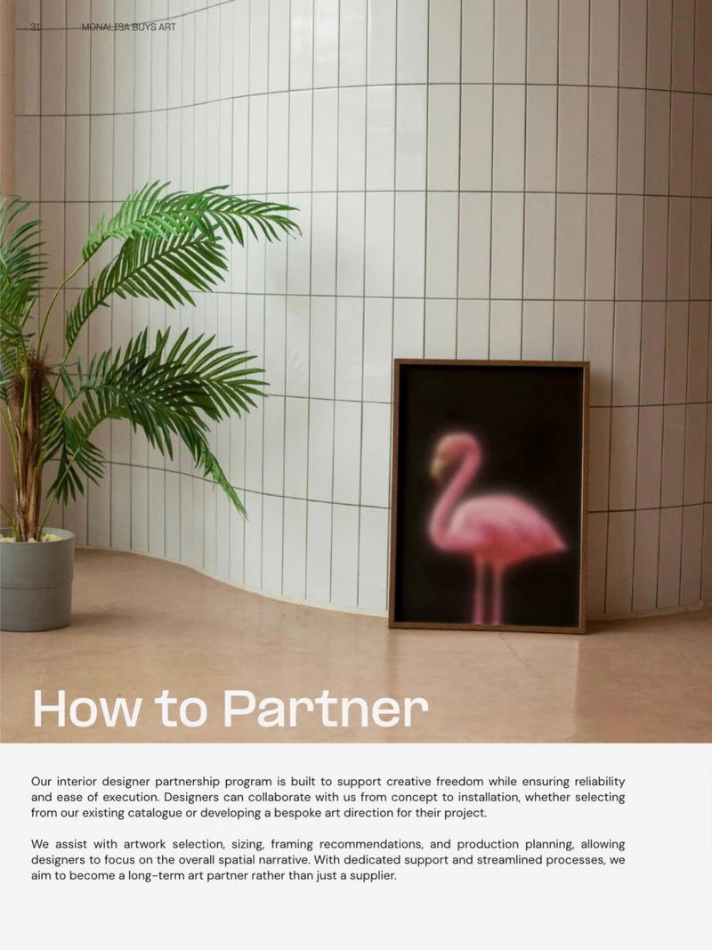 Catalogue partnership opener with a framed flamingo artwork in a tiled interior and the title How to Partner.