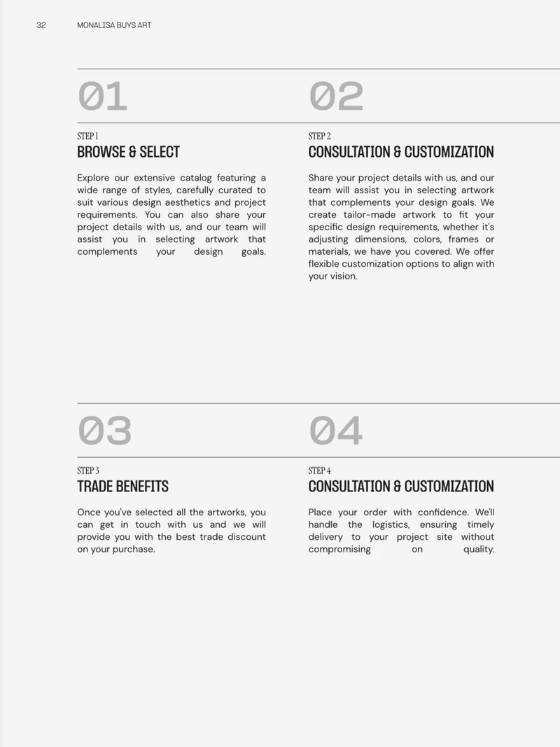 Catalogue process page outlining browse and select, consultation and customization, trade benefits, and delivery.