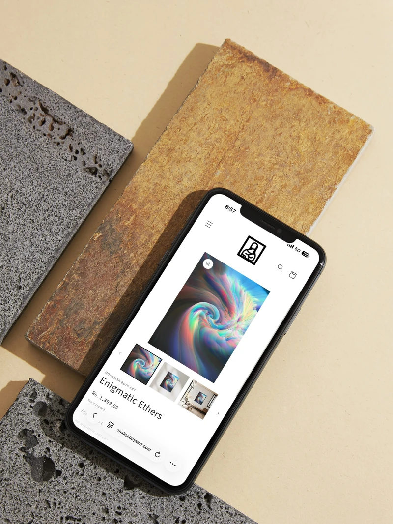 Phone mockup of an artwork product page with its main image, thumbnails and title.