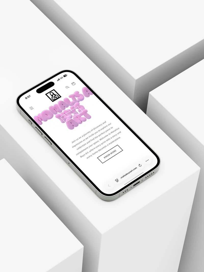 Angled phone mockup of the Monalisa Buys Art homepage on white geometric blocks.