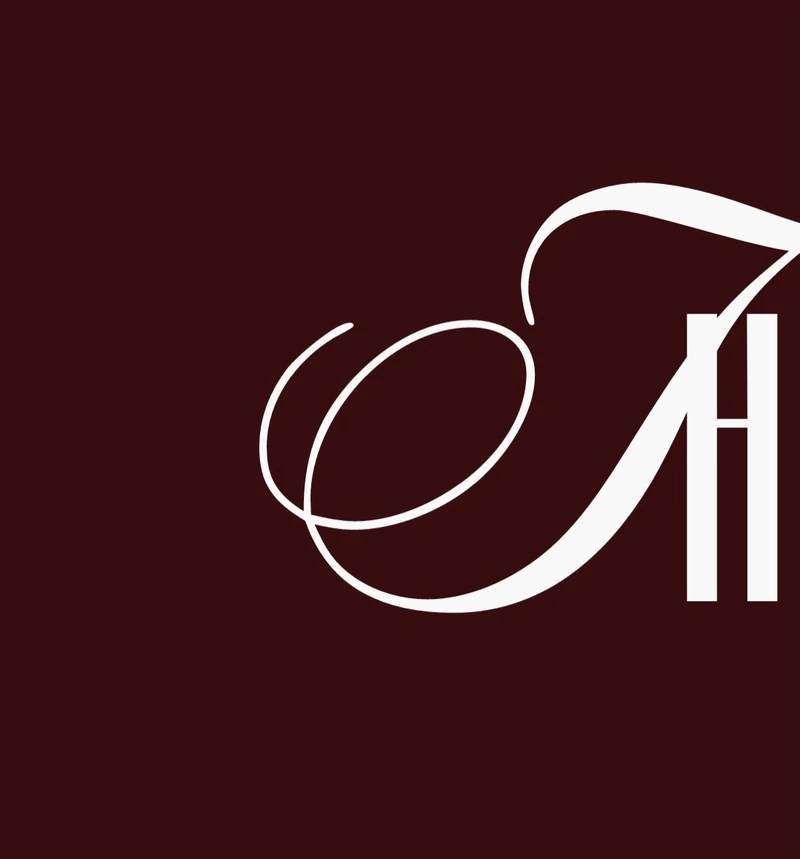 Burgundy menu cover artwork with an oversized white calligraphic monogram.