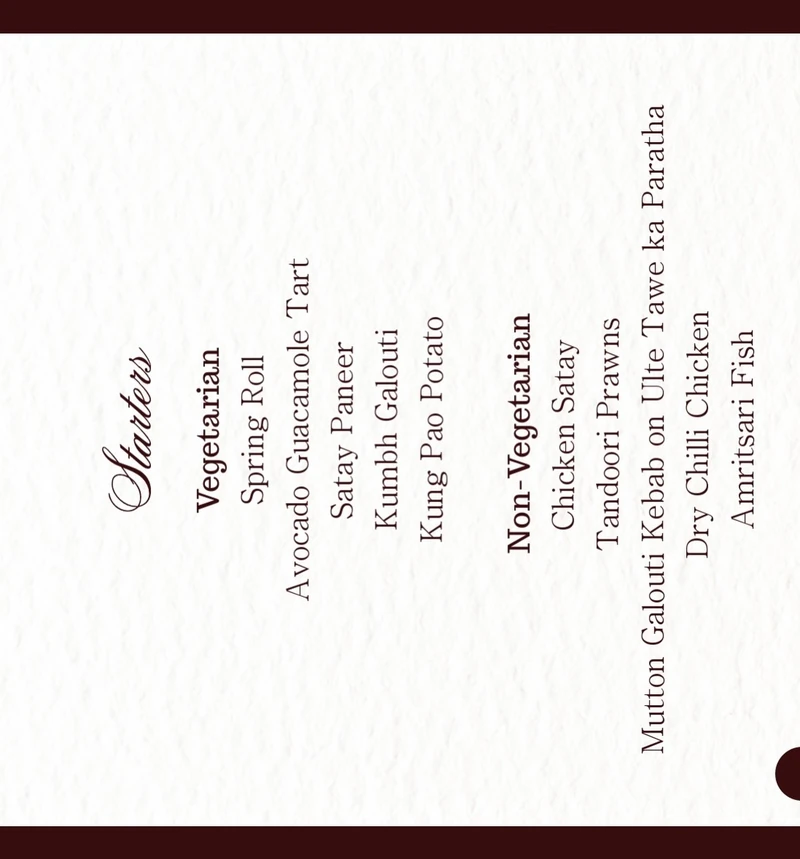 Burgundy menu panel listing starters and vegetarian and non-vegetarian selections.