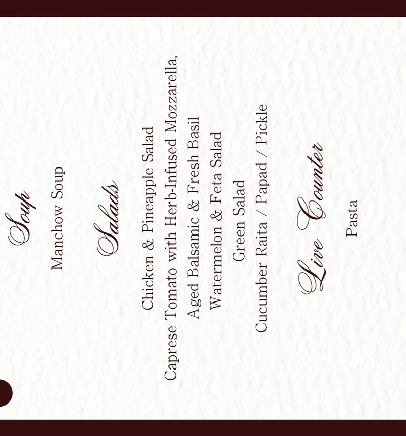 Burgundy menu panel listing soup, salads, live counters and pasta.