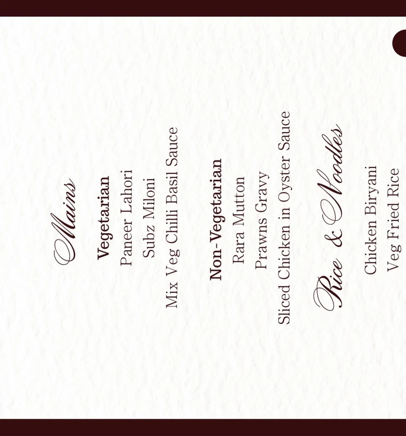 Burgundy menu panel listing vegetarian and non-vegetarian mains.