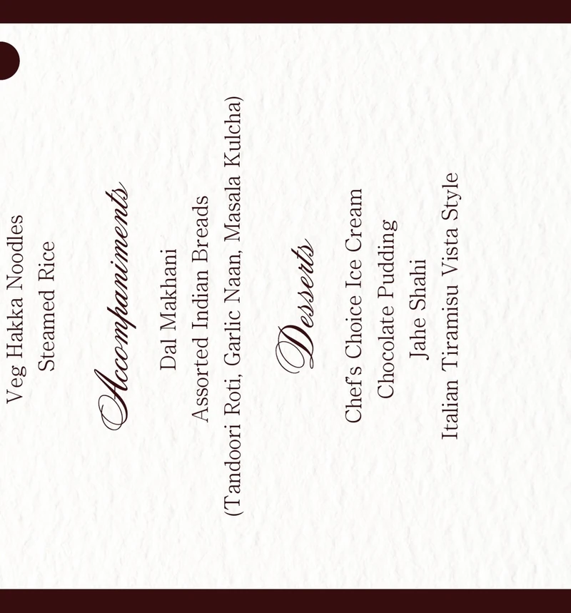 Burgundy menu panel listing accompaniments and desserts.