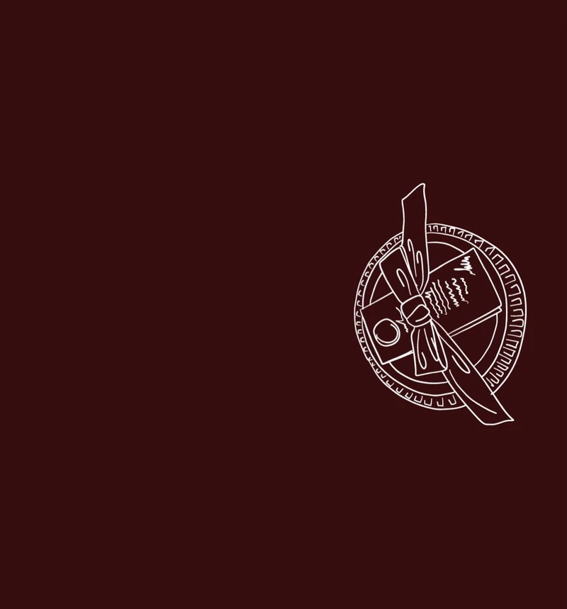 Burgundy menu back cover with a small white line drawing of cutlery.