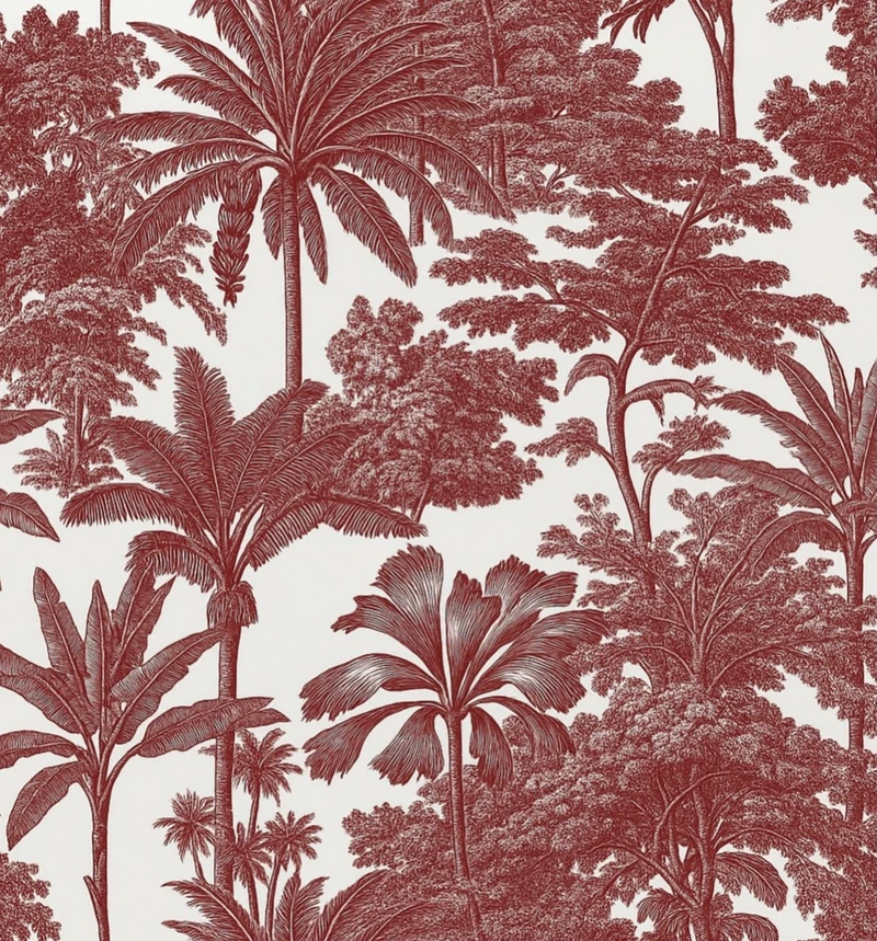 Close view of the burgundy toile artwork used on the dinner table.