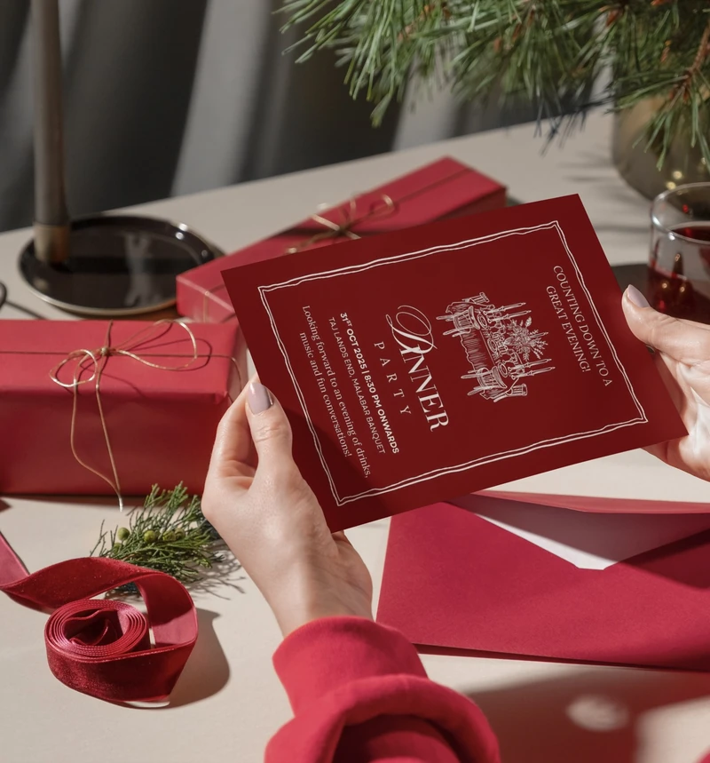 Photograph of a burgundy invitation and presentation box held above red gift boxes and ribbon.