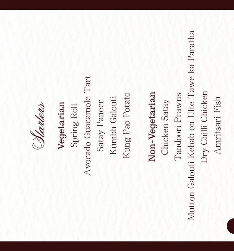 Burgundy follow-up menu panel listing starters.