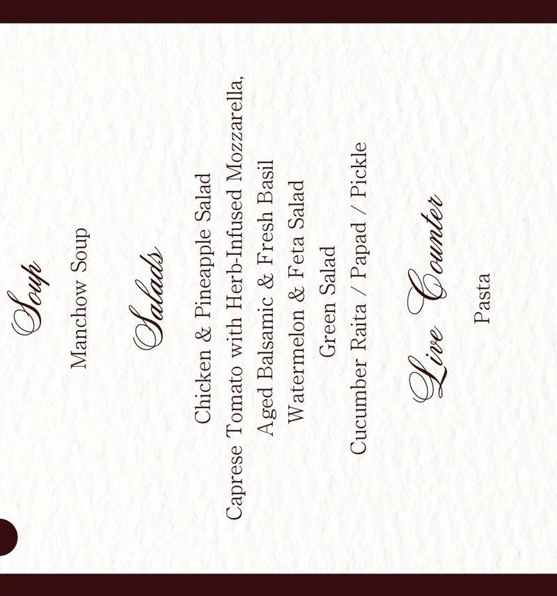 Burgundy follow-up menu panel listing soups, salads and live counters.