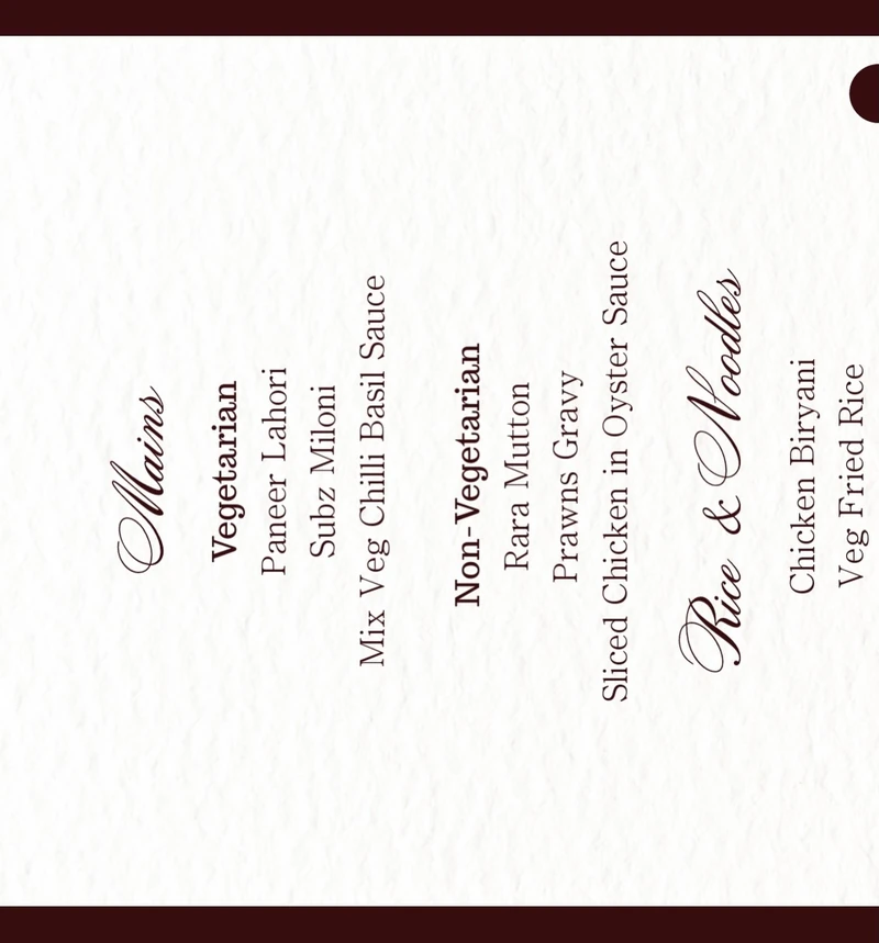 Burgundy follow-up menu panel listing main courses.