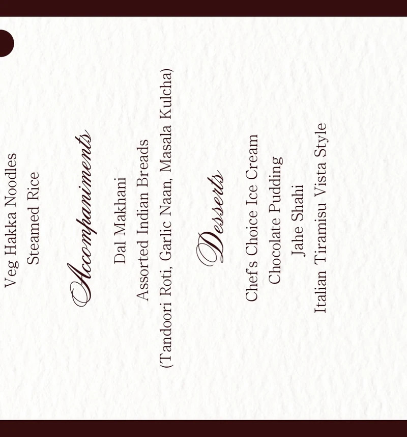 Burgundy follow-up menu panel listing accompaniments and desserts.