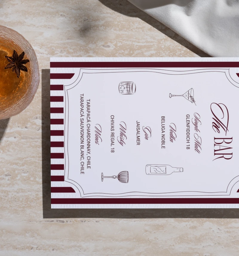 Photograph of The Bar menu on a tabletop, repeated in the follow-up sequence.