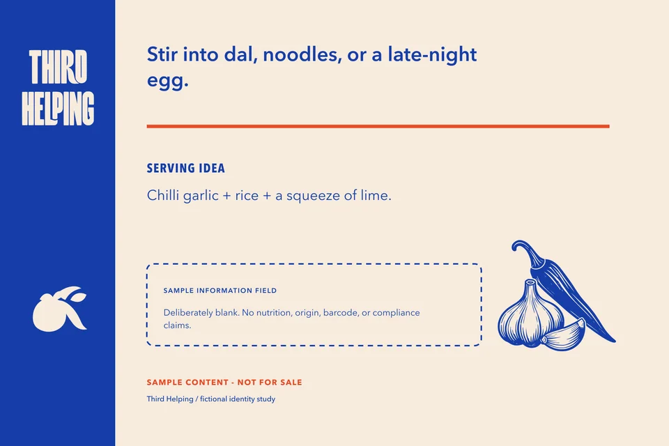 Third Helping: chilli garlic label back. Vector identity and application artwork.