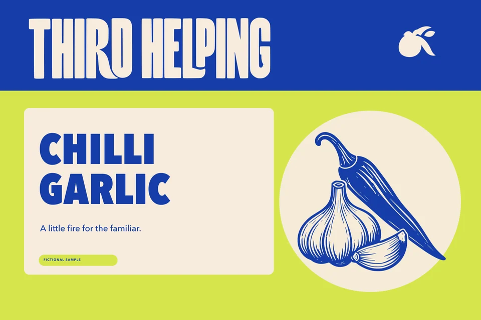Third Helping: chilli garlic label front. Vector identity and application artwork.