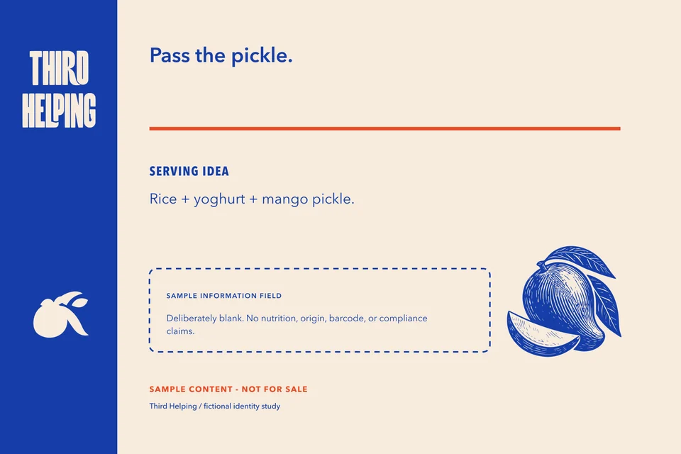 Third Helping: mango pickle label back. Vector identity and application artwork.