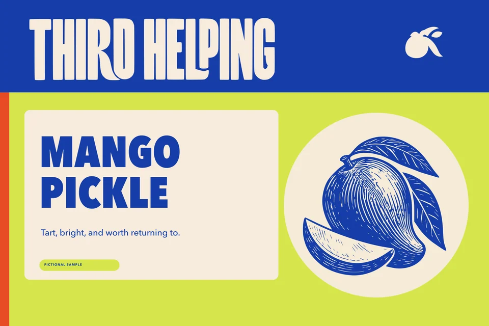 Third Helping: mango pickle label front. Vector identity and application artwork.