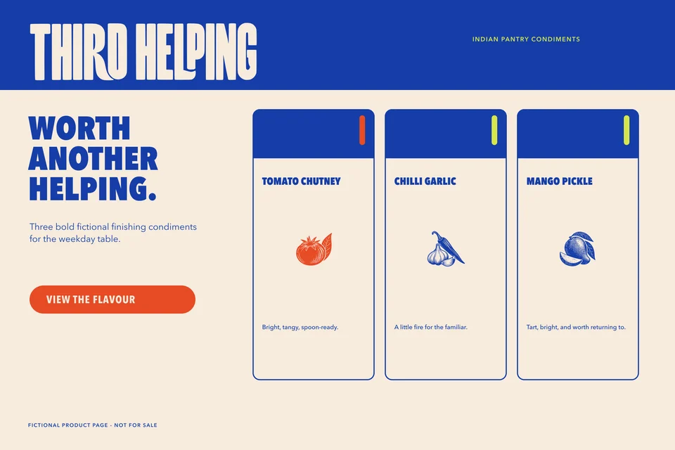 Third Helping: product page desktop. Brand artwork incorporating AI-generated concept imagery.