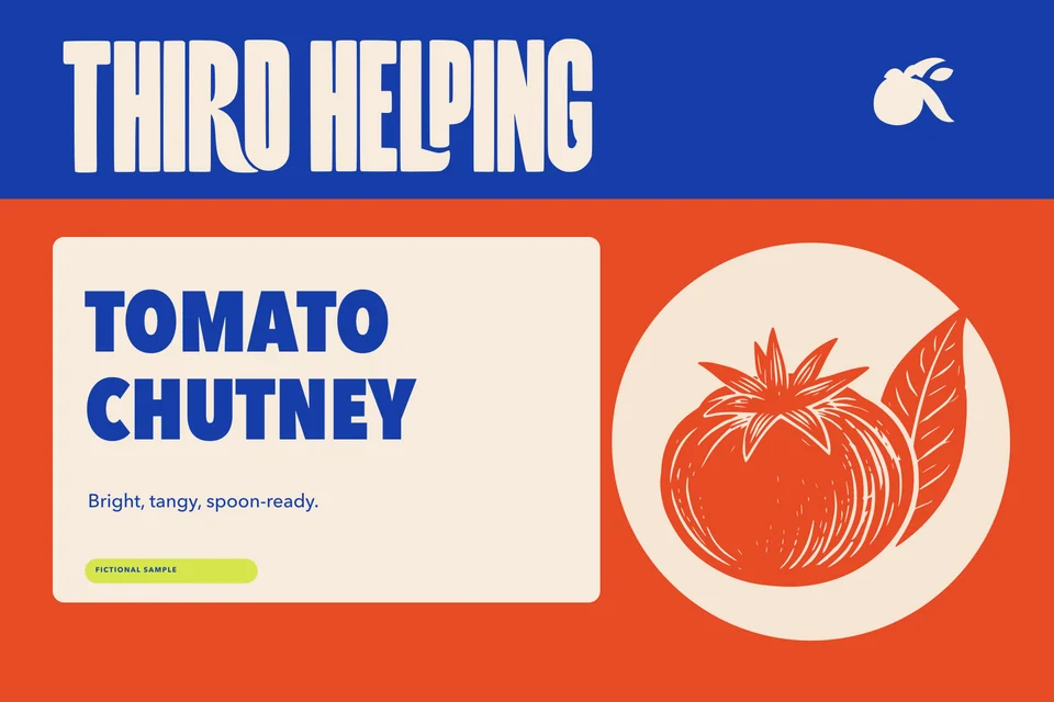 Third Helping: tomato label front. Vector identity and application artwork.