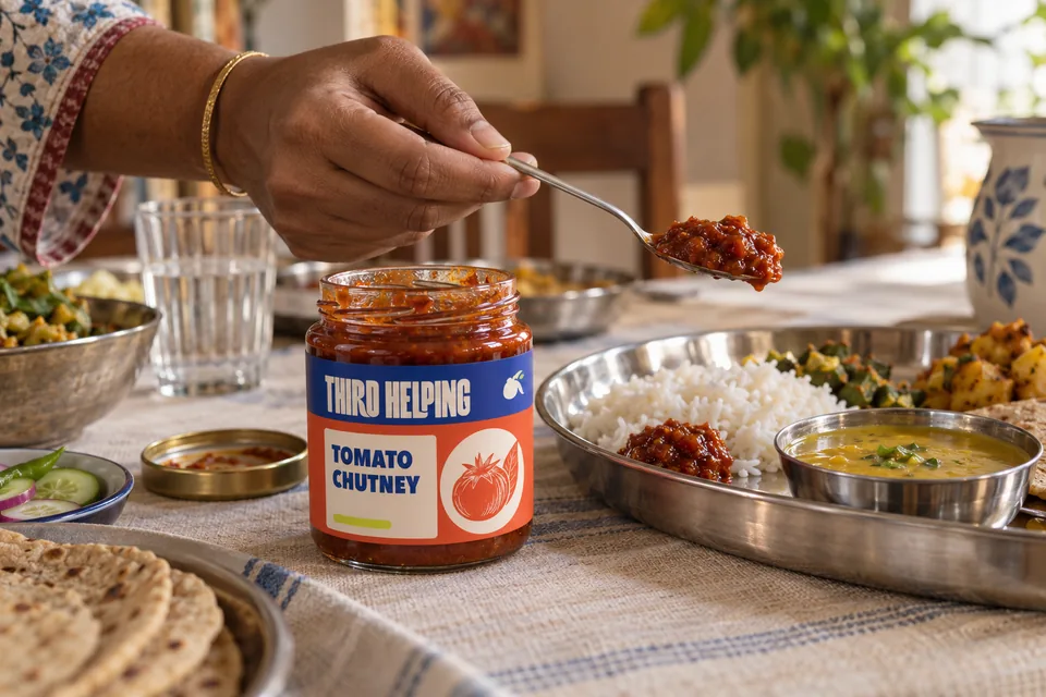 An open Third Helping Tomato Chutney jar beside a stainless-steel thali as a hand serves chutney at a family lunch table.