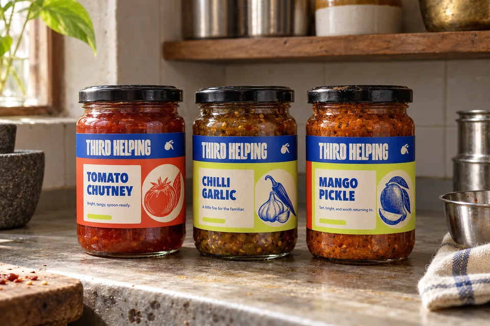 Three Third Helping jars—Tomato Chutney, Chilli Garlic, and Mango Pickle—stand on a sunlit, worn kitchen counter.