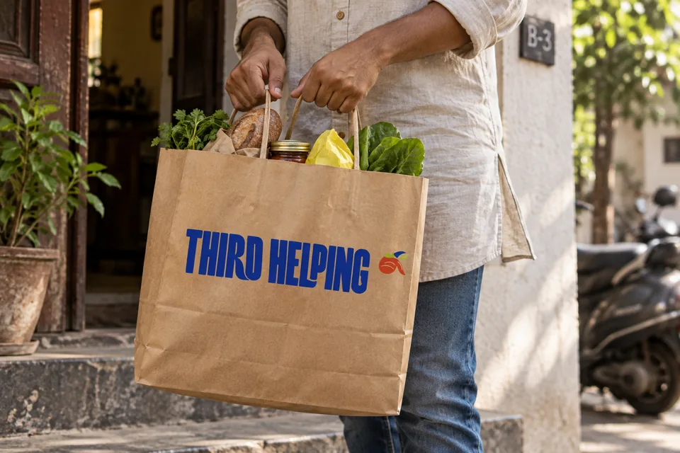 A person carries a kraft grocery tote printed with the Third Helping wordmark outside an urban apartment.